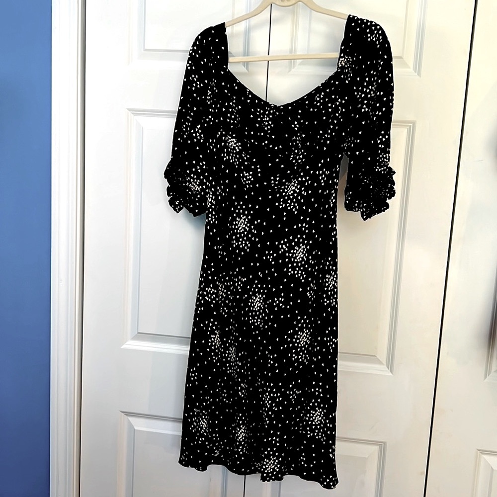 NWT Anthropologie Dress. Black With White Hearts. Ruffle Sleeves